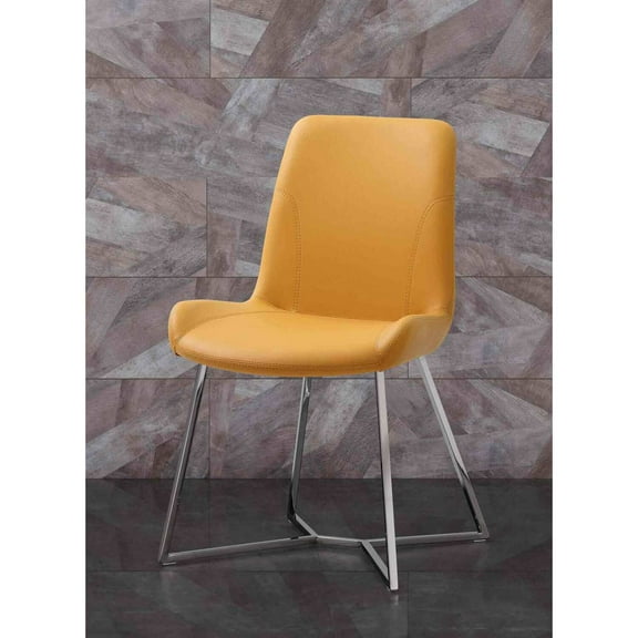 Whiteline Modern Living Aileen Dining Chair Yellow Faux Leather with Polished stainless steel base, Set of 2