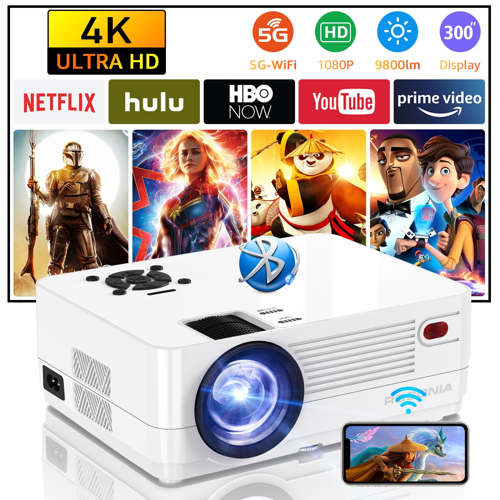 Ailessom Projector, 1080P, 5G Wi-Fi, Bluetooth 5.0, 9800LM, 4K 