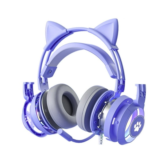 Ailezt 3.5mm Noise Mic Gaming Cat Headphones Ear Headset Control Purple Audio And Cancelling Wired Headse