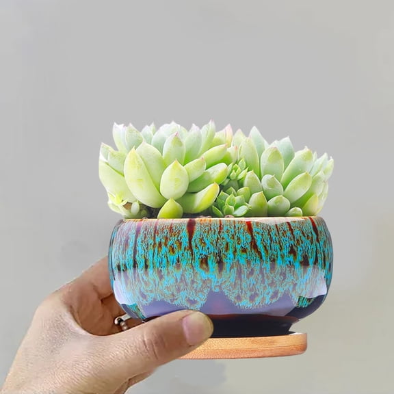 Ailezt Circular Glazed Ceramic Pottery Planter Set Unique窑变Color Blend Succulent Garden Pot Display