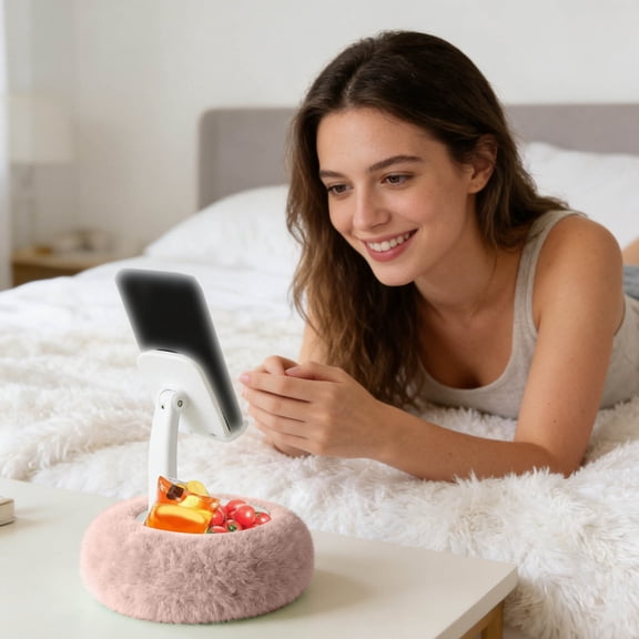 Ailezt Fuzzy Pillow Phone Holder with Snack Bowl,Adjustable 360æ³ Rotating Stand Fit 4''-13'' Phone/Tablet/Kindle Holder Stand for Bed with Soft Plus Fabric Reading Accessories Gift