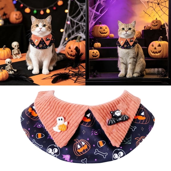Ailezt Halloween Decor Halloween Cape Collar Bandana Black O' Print Neck Scarf With Lapel 3D & Bat Resin Pins Adjustable Collar For Cats Small Trick Or Party Photo