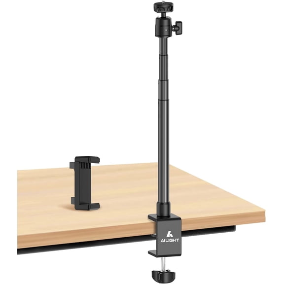 Ailight Overhead Camera Desk Mount Webcam Stand w/ Phone Holder, Adjustable Table Camera Stand w/ 1/4" Screw & C Clamp, Overhead Tripod Webcam Mount for Logitech Obsbot insta360 Anker