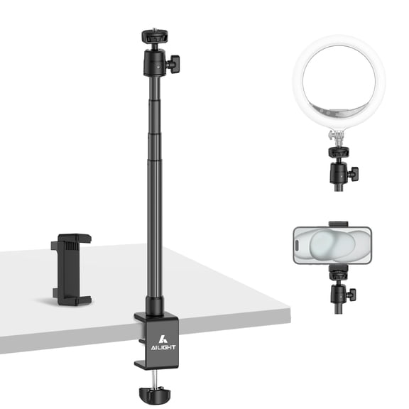 Ailight Overhead Camera Desk Mount Webcam Stand w/ Phone Holder, Adjustable Table Camera Stand w/ 1/4" Screw & C Clamp, Overhead Tripod Webcam Mount for Logitech Obsbot insta360 Anker