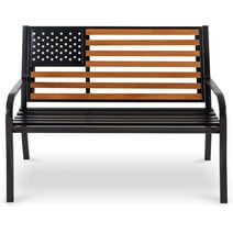 Ailismail 50" Outdoor Garden Bench, Cast Iron Metal Frame Patio and Porch Welcome Benches with American Flag Backrest and Weatherproof Seat, Black