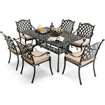 Ailismail 7-Piece Outdoor Dining Set Cast Aluminum Retro Patio Dining Set for 6, 59'' Table and 6 Chairs with Cushion