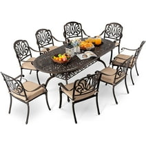 Ailismail 9-Piece Cast Aluminum Outdoor Table and Chairs, Classic Patio Dining Set for 8 Include 87" Oval Patio Dining Table and 8 Chairs with Cushion and Umbrella Hole
