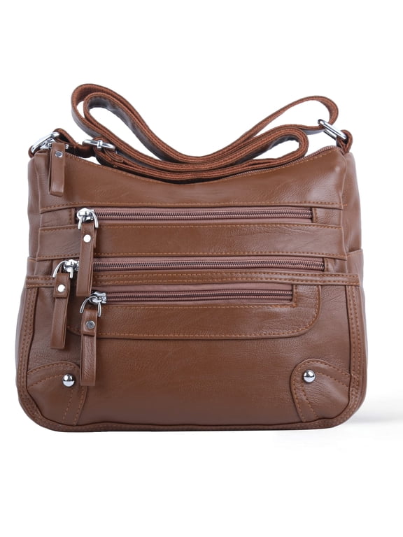 Waterproof PU Leather Crossbody Satchel Bag, Brown