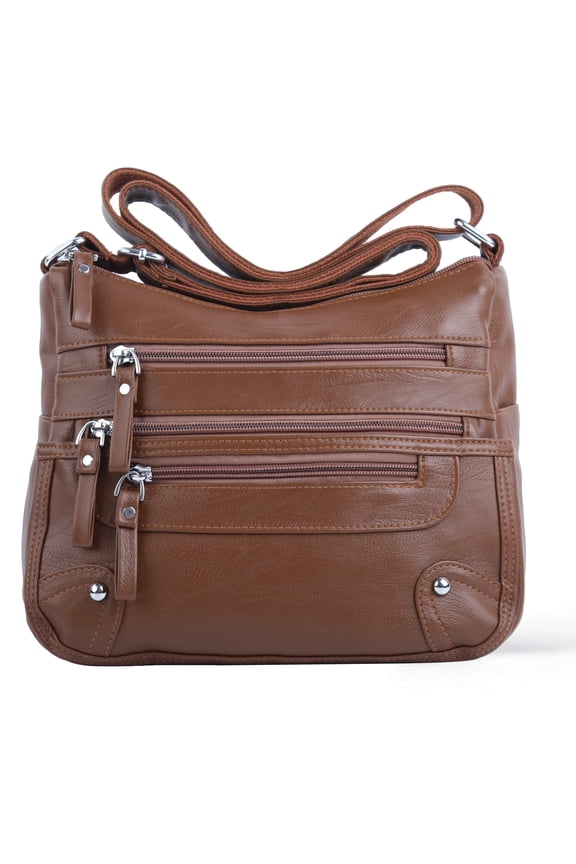 Waterproof PU Leather Crossbody Satchel Bag, Brown