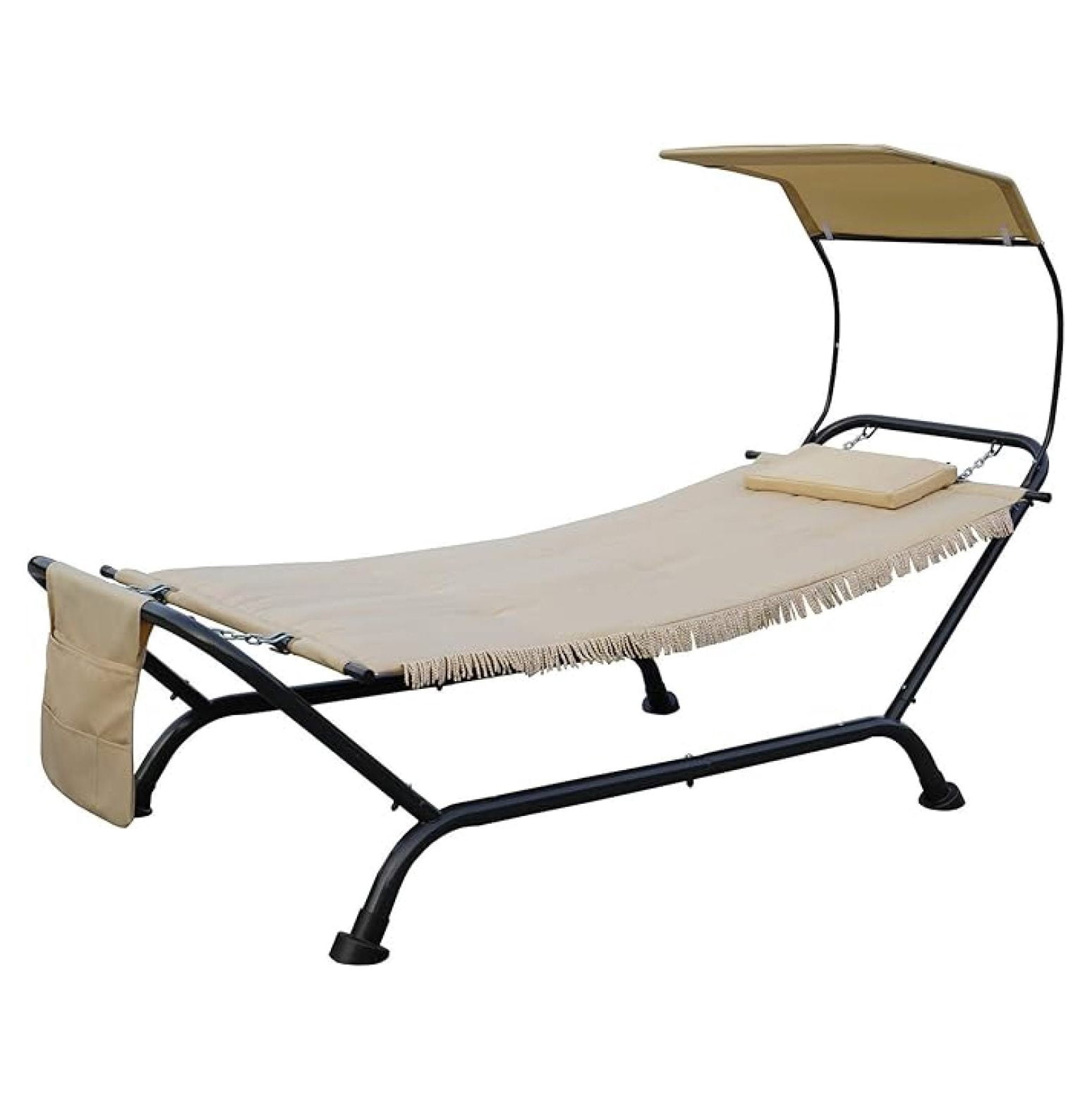 Ailsa Outdoor Patio Hammock with Stand, Pillow, Storage Pockets (Beige Canvas and Black Frame)