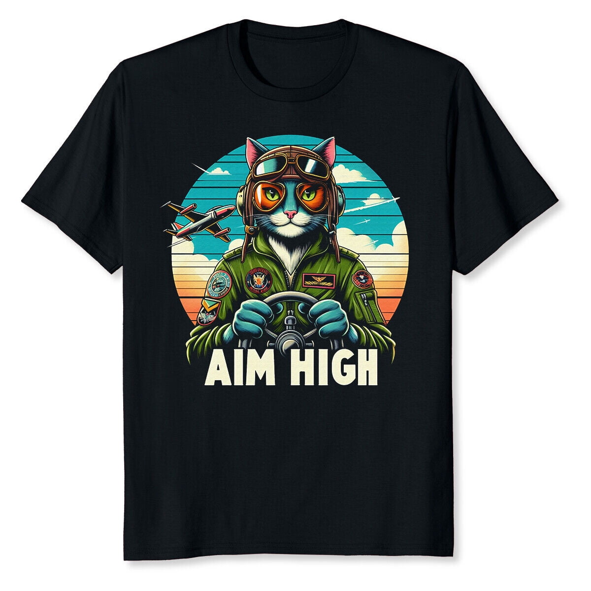 Aim High Cat Pilot For Cat Loving Jet Fighter Pilots TShirt L
