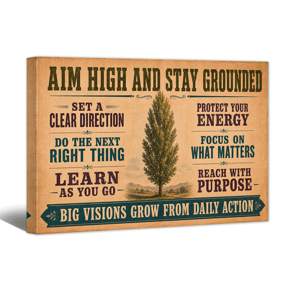 Aim High Stand Grounded Canvas Wall Art Motivational Quotes Picture Print, Positive Retro Artwork Affirming Tree Painting for Home Living Room Bedroom Office Decor