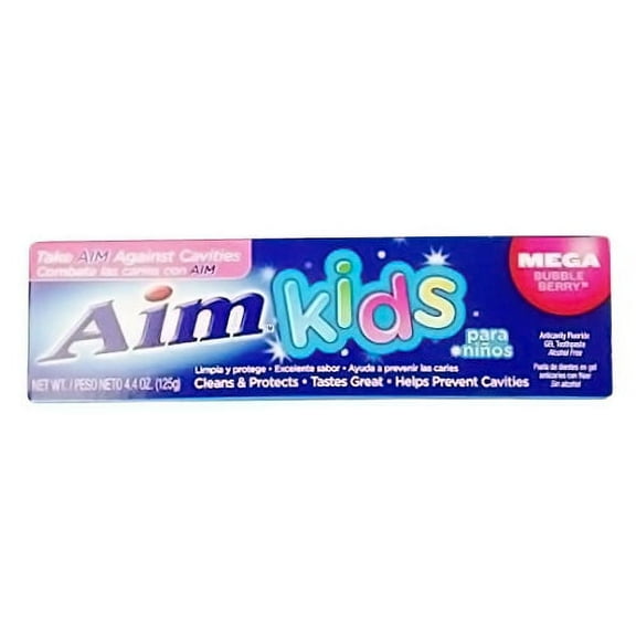 Aim Kids Gel Fluoride Toothpaste, Mega Bubble Berry, 4.4 Oz, 2 Pack