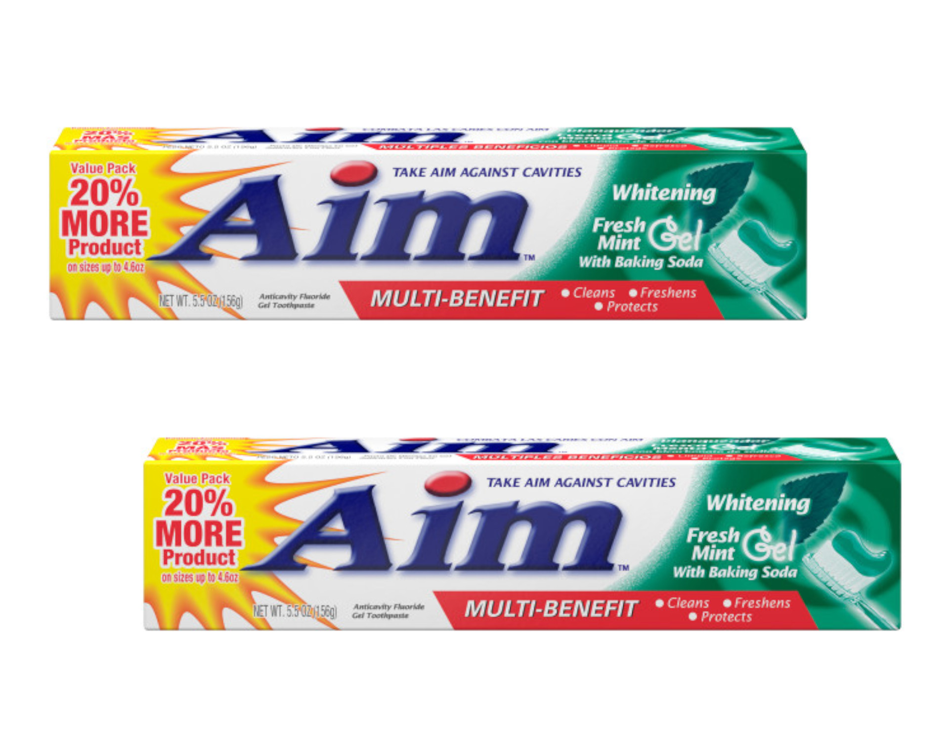 Aim Multi-Benefit Whitening Fresh Mint Gel Toothpaste with Baking Soda, 5.5 oz, 2 Pack - image 1 of 3