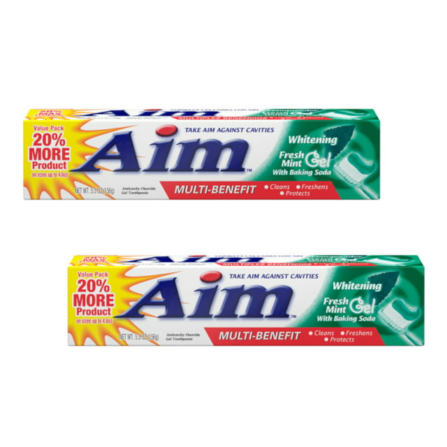 Aim Multi-Benefit Whitening Fresh Mint Gel Toothpaste with Baking Soda, 5.5 oz, 2 Pack