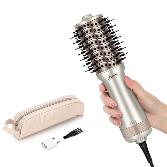 Mini Travel Hair Dryer Brush, Aima Beauty Auto Dual Voltage Volumizing Hot Air Brush, Compact Design for Frizz-Free Volume Anywhere, Champagne Silver