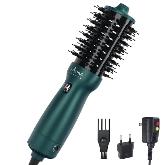 Aima Beauty Hair Dryer Brush Dual Voltage Worldwide Travel Blow Dryer Brush Hot Air Brush with Oval Barrel 360°Airflow for Smooth,Negative Ionic Frizz-Free Drying/Straightening/Voluming, Dark Green