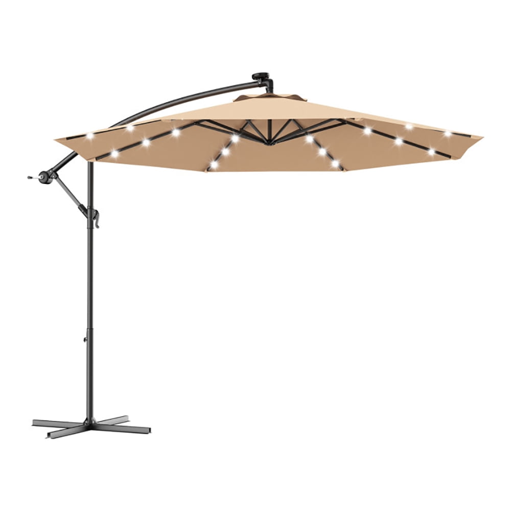 Aimee Lii 10 Feet Patio Hanging Solar LED Umbrella Sun Shade with Cross Base, Table Umbrella Outdoor Patio, Beige Aimee Lii 10 Feet Patio Hanging Solar LED Umbrella Sun Shade with Cross Base, Table Umbrella Outdoor Patio, Beige