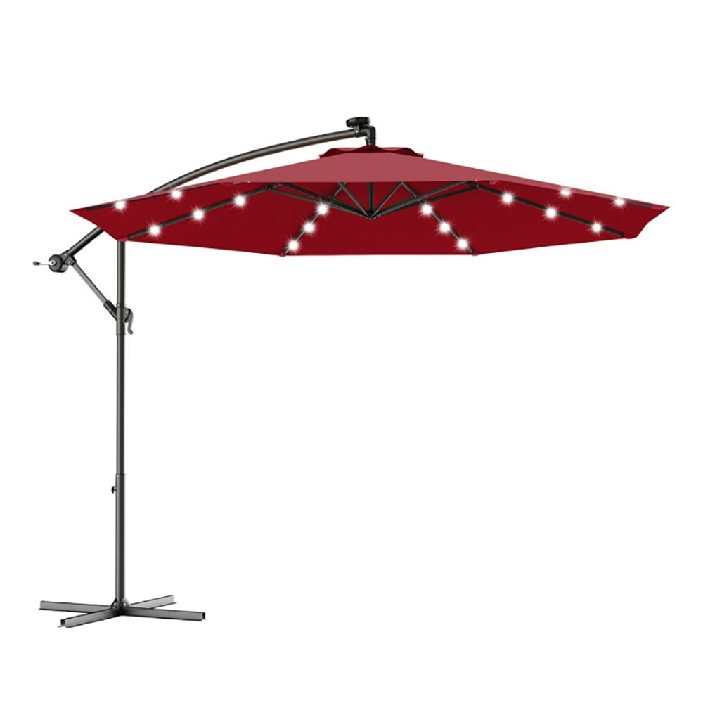 Aimee Lii 10 Feet Patio Hanging Solar LED Umbrella Sun Shade with Cross Base, Table Umbrella Outdoor Patio, Dark Red