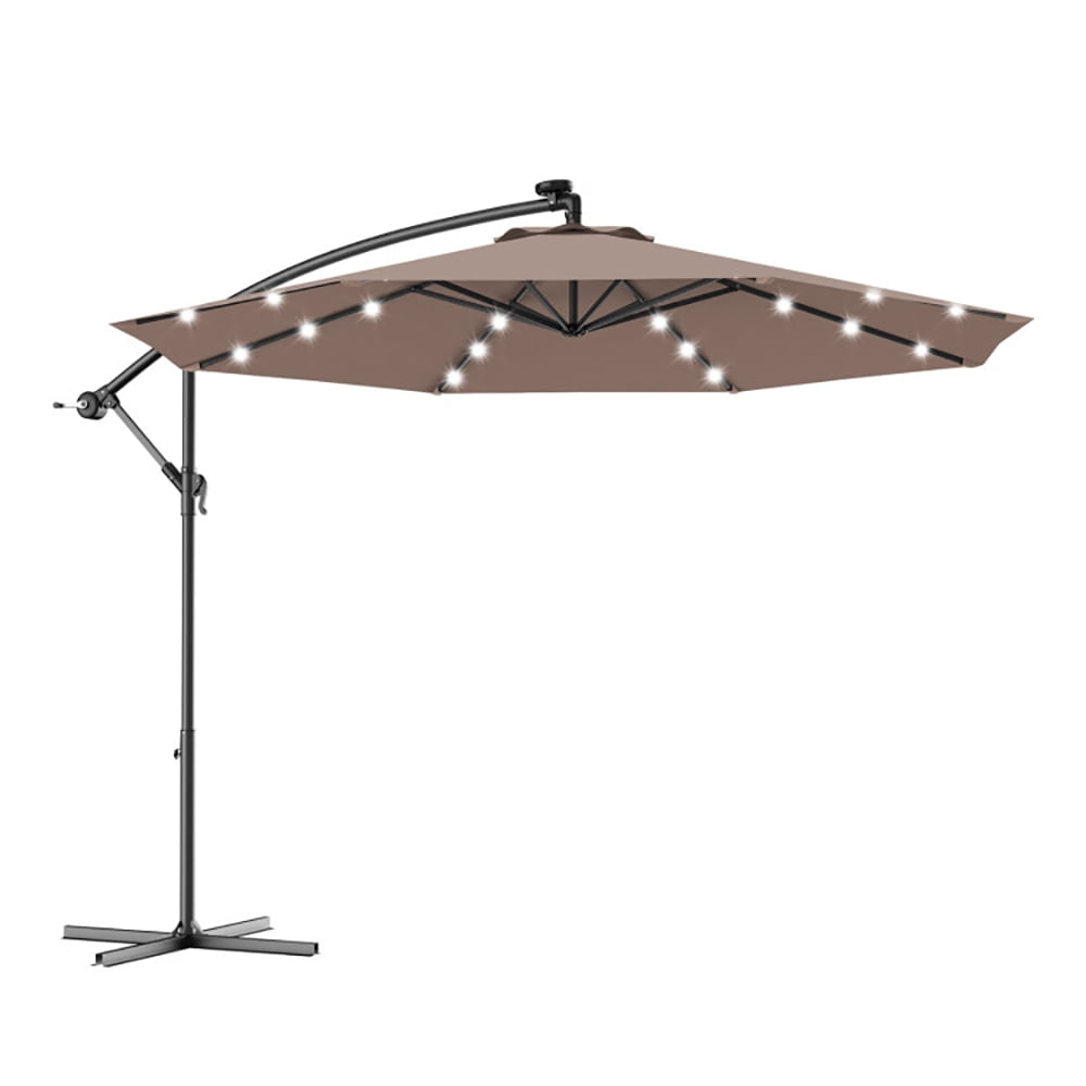 Aimee Lii 10 Feet Patio Hanging Solar LED Umbrella Sun Shade with Cross Base, Table Umbrella Outdoor Patio, Tan