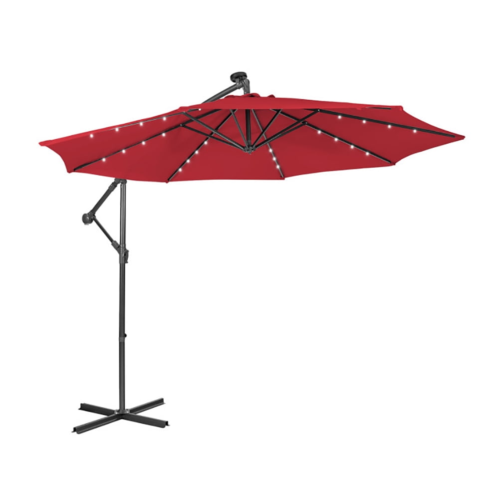 Aimee Lii 10 Feet Patio Solar Powered Cantilever Umbrella with Tilting System, Sunbrella Patio Umbrellas, Red Aimee Lii 10 Feet Patio Solar Powered Cantilever Umbrella with Tilting System, Sunbrella Patio Umbrellas, Red