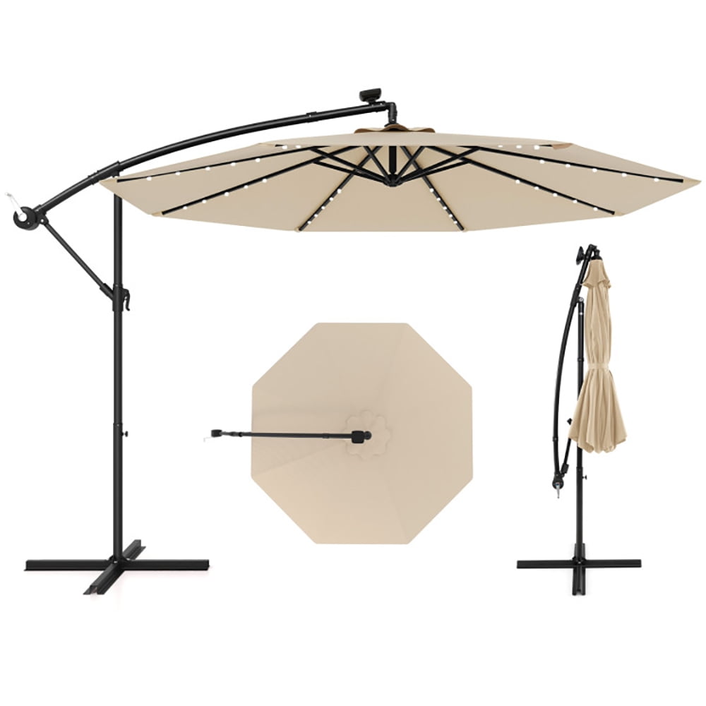 Aimee Lii 10 Feet Solar Offset Hanging Umbrella with 40 Lamp Beads and Solar Panel, Outdoor Umbrellas for Patio, Beige