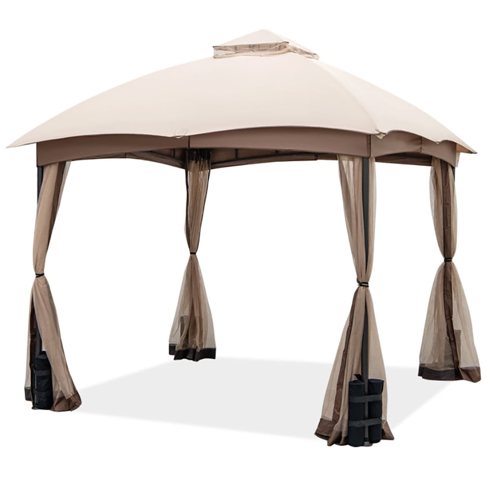 Aimee Lii 10 X 10 Feet Patio Double-Vent Gazebo with Privacy Netting and 4 Sandbags, Outdoor Patio Awnings for Party Camping BBQ Events, Khakiay