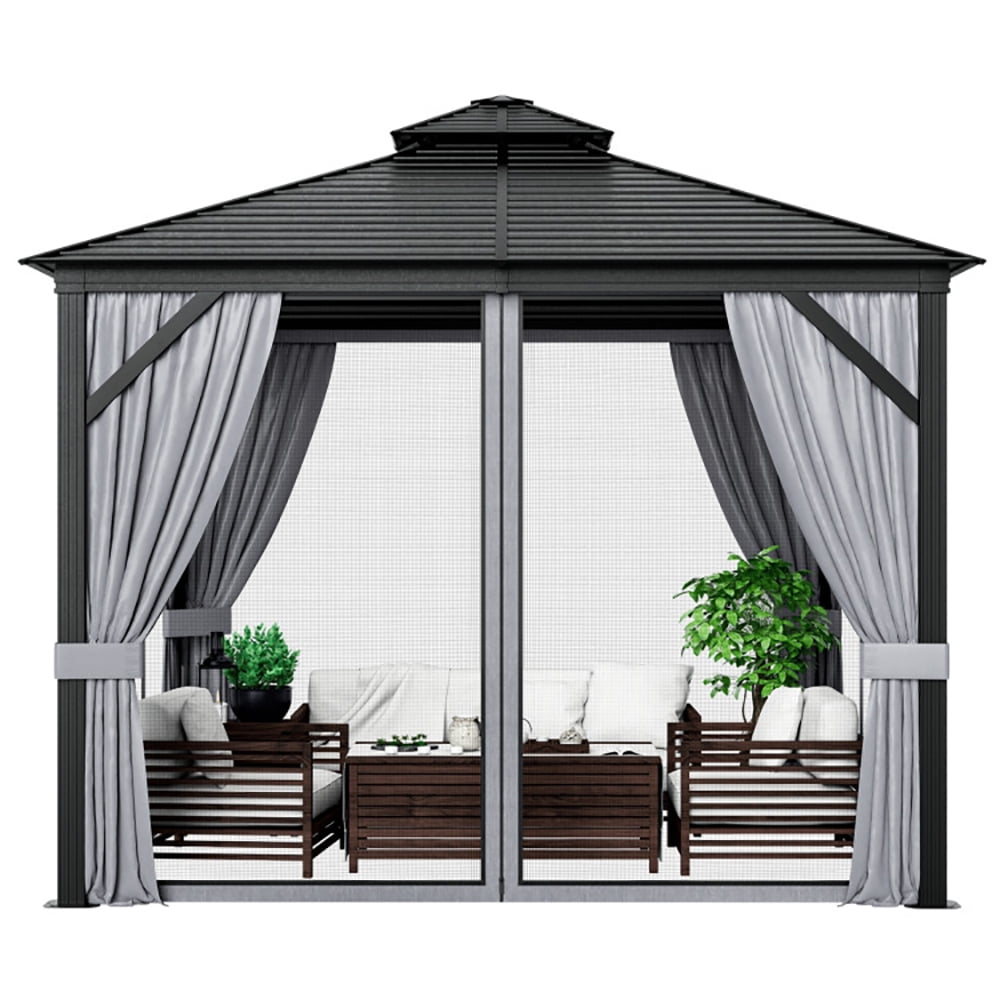Aimee Lii 10 x 10 Feet Double-Top Hardtop Gazebo with Galvanized Steel Roof, Backyard Canopy Gazebo for Party Wedding BBQ Events, Gray Aimee Lii 10 x 10 Feet Double-Top Hardtop Gazebo with Galvanized Steel Roof, Backyard Canopy Gazebo for Party Wedding BBQ Events, Gray