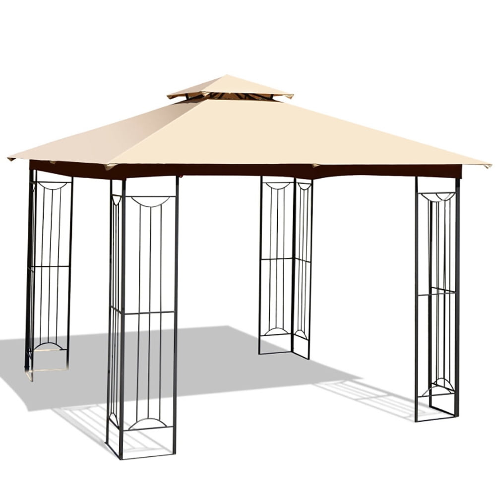 Aimee Lii 10 x 10 Feet L-Shaped Patio Canopy Gazebo Outdoor 2-Tier Steel Tent, Backyard Canopy Gazebo for Party Wedding BBQ Events, Beige