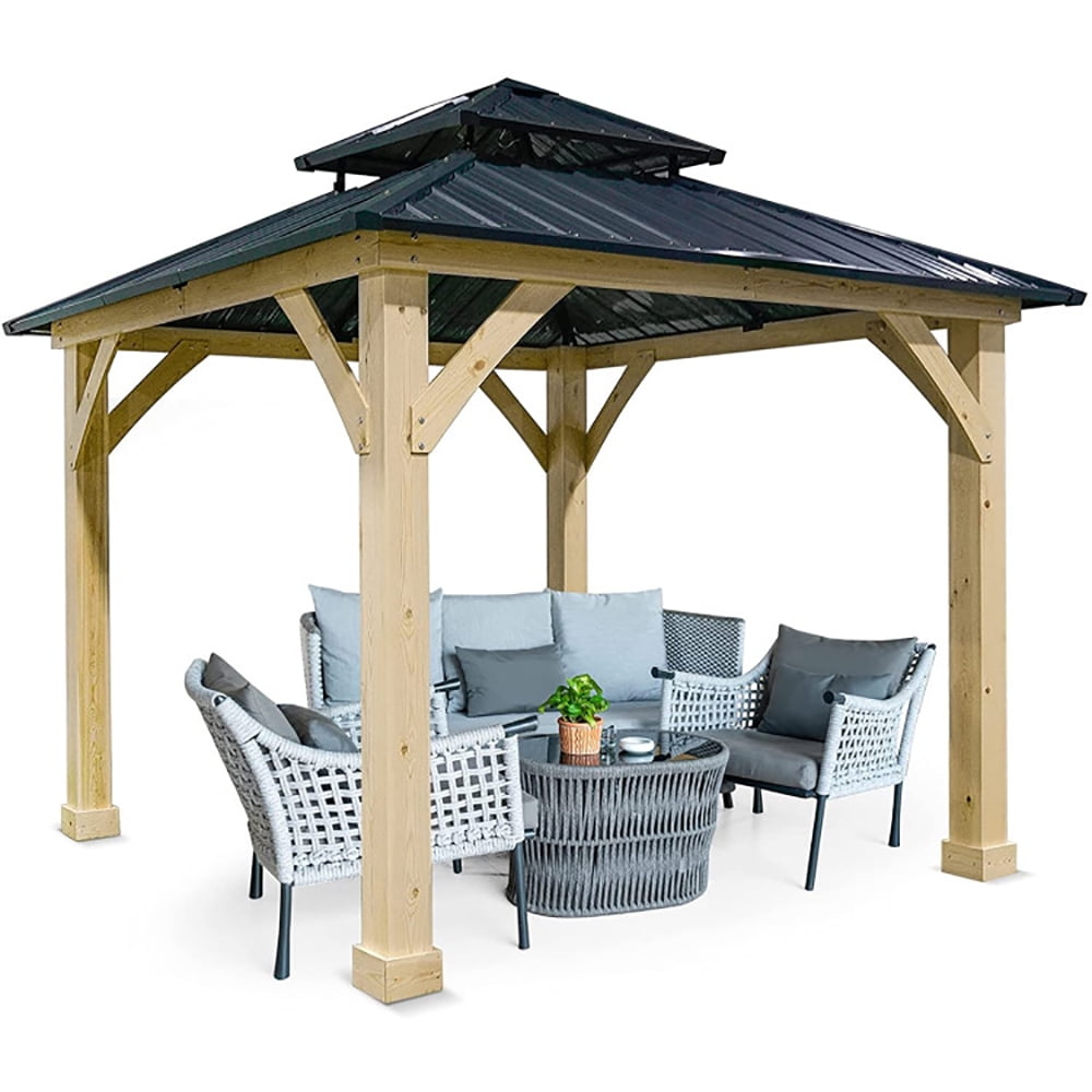 Aimee Lii 10 x 10 Feet Patio Pine Wood Hardtop Gazebo with Double Steel Roof for Outdoor, Backyard Canopy Gazebo, Gray