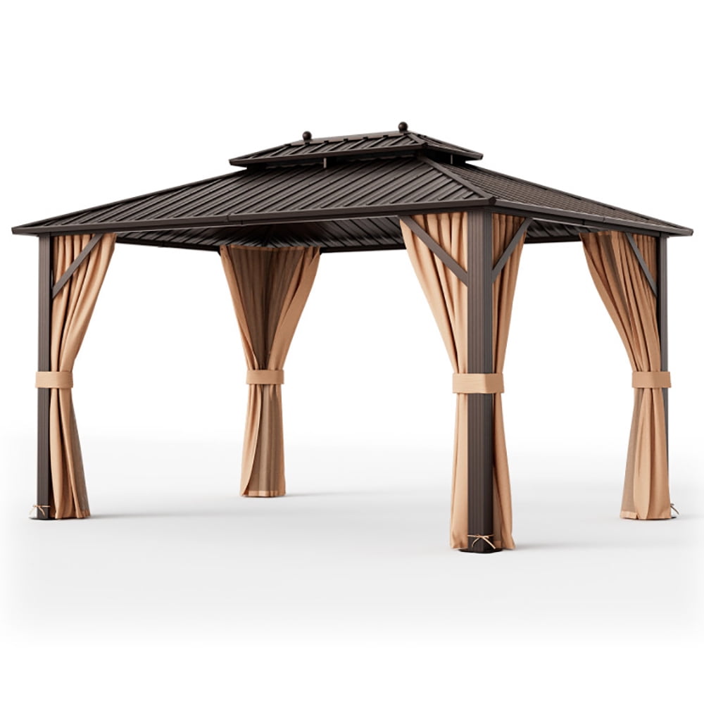 Aimee Lii 10x13ft Double-Roof Patio Hardtop Gazebo with Galvanized Steel Roof Netting and Curtains, Canopy Gazebo for Party BBQ Events, Coffee