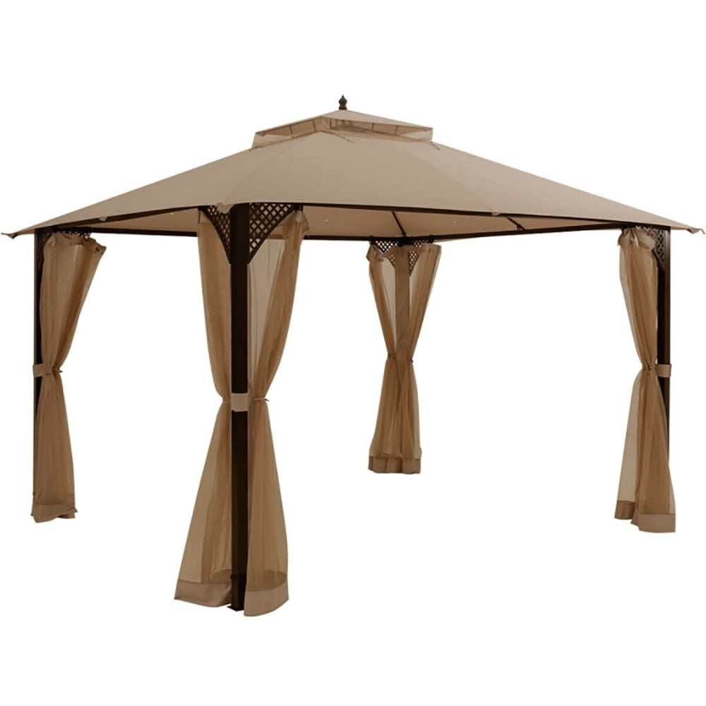 Aimee Lii 12 x 10 Feet Outdoor Double Top Patio Gazebo with Netting, Backyard Canopy Gazebo, Brown