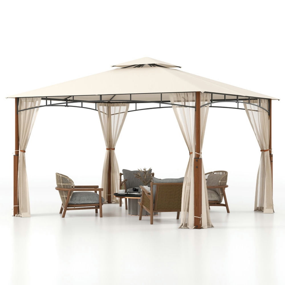 Aimee Lii 12 x 10 Feet Outdoor Patio Canopy with Netting and 2-Tier Canopy Roof, Patio Covers for Shade and Rain-Beige
