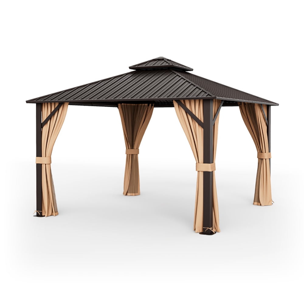 Aimee Lii 12 x 12 Feet Double-Roof Patio Hardtop Gazebo with Steel Roof Netting and Curtains, Canopy Gazebo for Party BBQ Events, Coffee