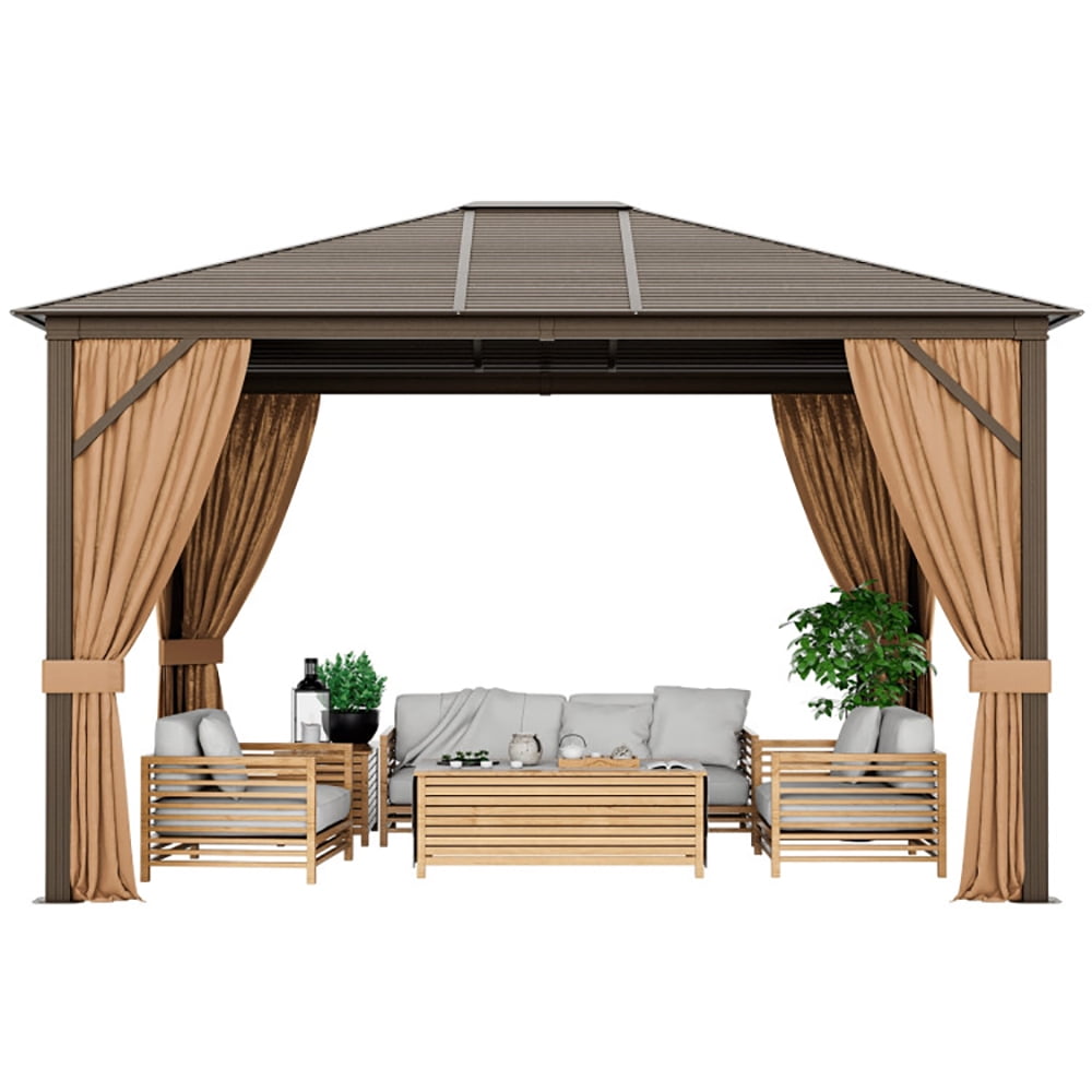 Aimee Lii 12 x10 Feet Outdoor Hardtop Gazebo with Galvanized Steel Top and Netting, Backyard Canopy Gazebo for Party Wedding BBQ Events, Brown