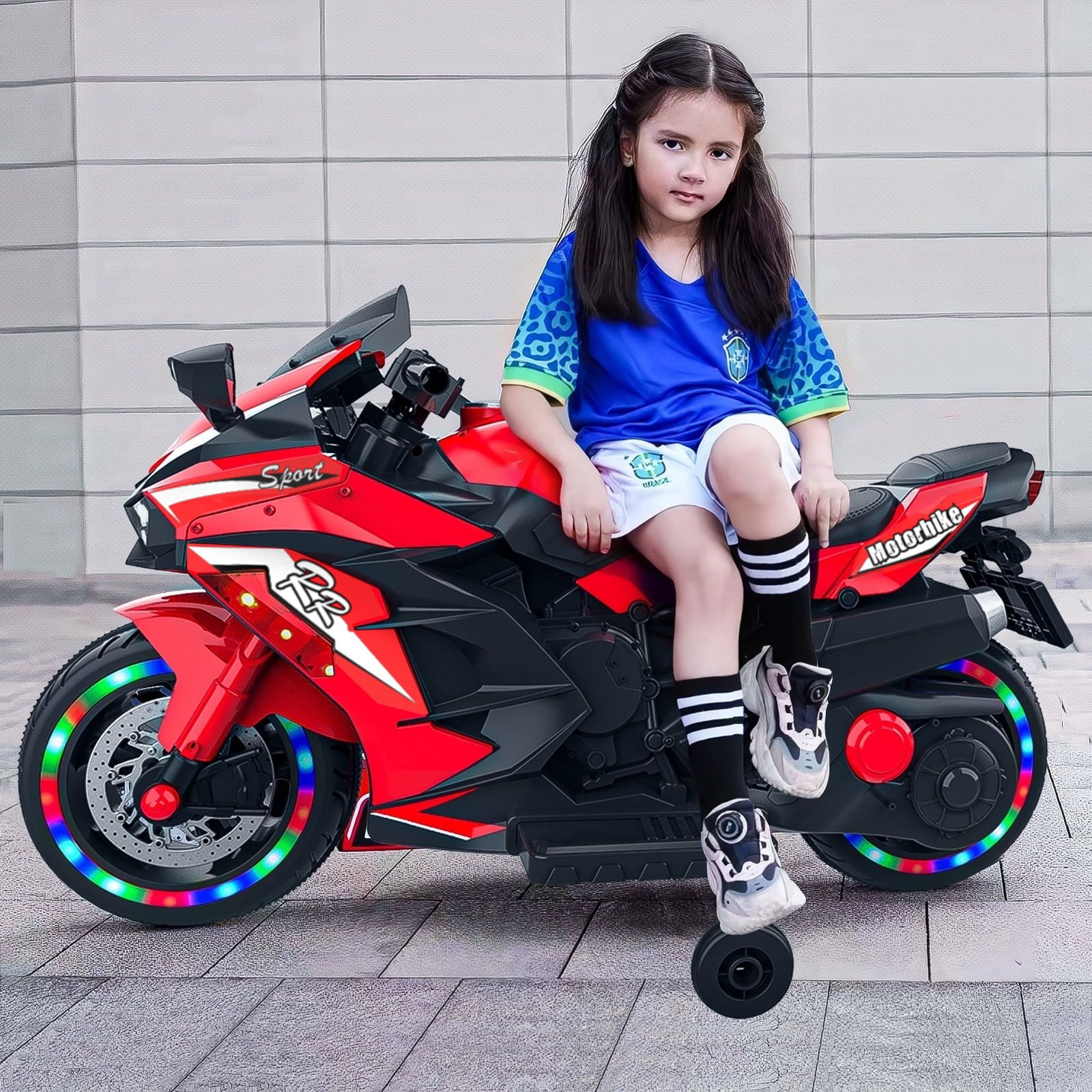 Aimee Lii 12V Electric Battery Powered Kids Motorcycle with Training Wheels, Gift for Children Boys Girls, Red