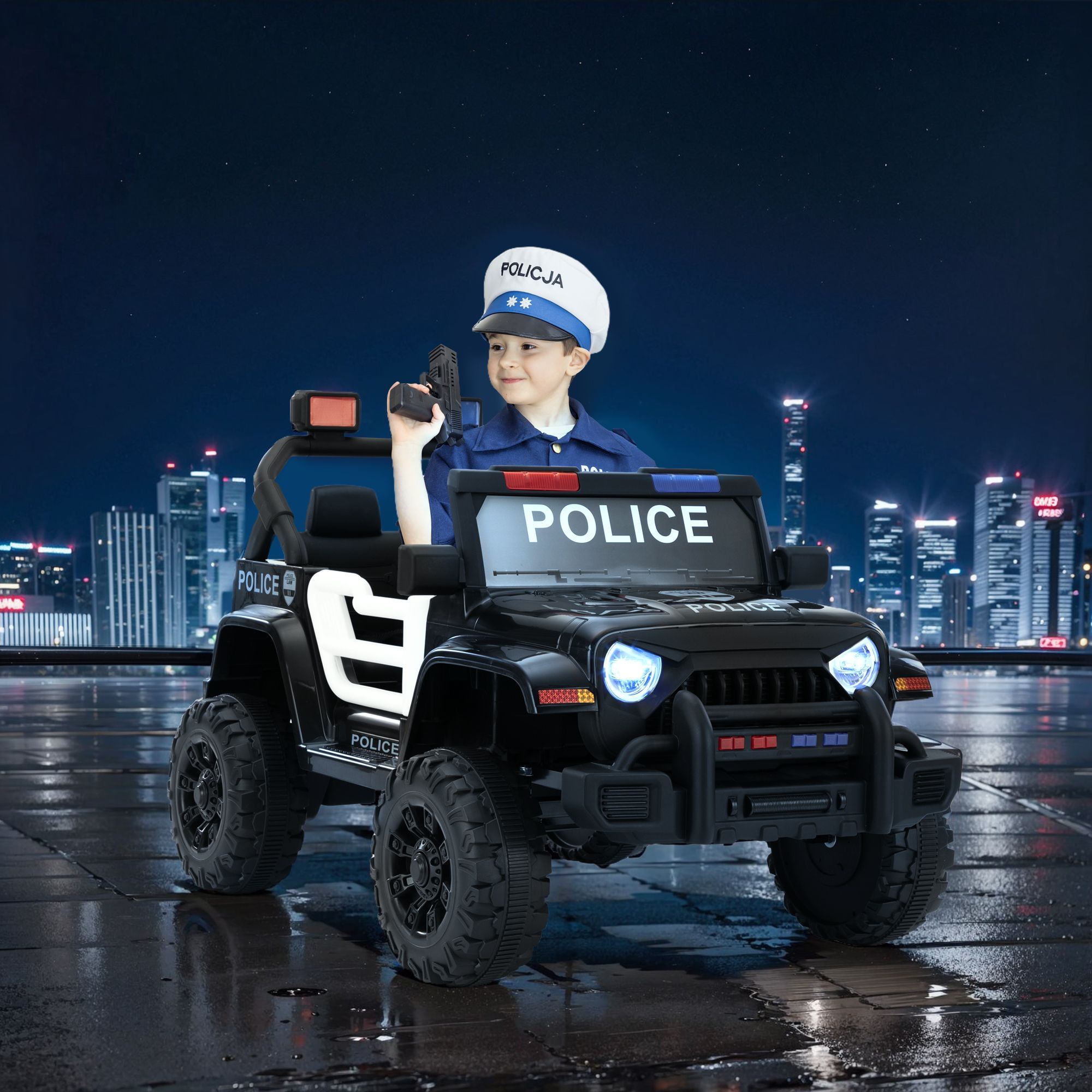 Aimee Lii 12V Police Kids Ride On Car, 2-Seater Electric Truck Vehicle with MP3, USB, Headlights, Display Panel, Gift for Boys Girls, Black