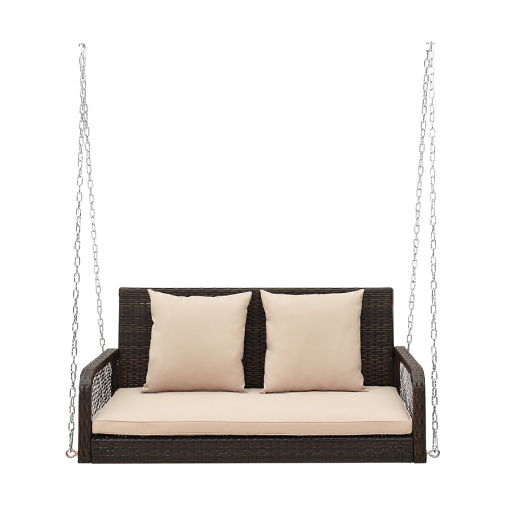 Aimee Lii 2-Person Outdoor Wicker Porch Swing with Seat and Back Cushions, Swing Chair Outdoor, Beige