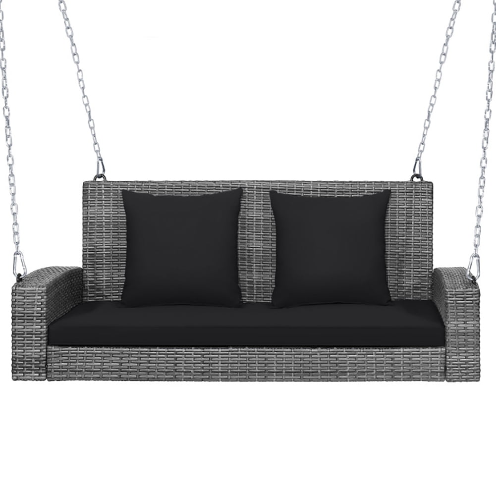 Aimee Lii 2-Person Patio PE Wicker Hanging Porch Swing Bench Chair Cushion 800 Pounds, Outdoor Patio Furniture, Black