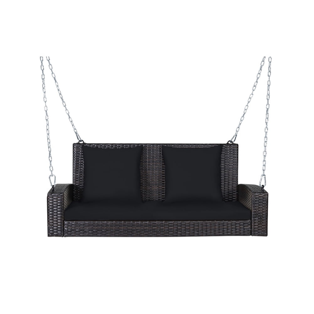 Aimee Lii 2-Person Patio Rattan Porch Swing with Cushions, Outdoor Patio Furniture, Black