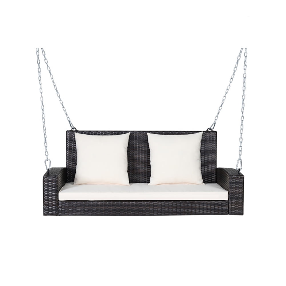 Aimee Lii 2-Person Patio Rattan Porch Swing with Cushions, Outdoor Patio Furniture, White Aimee Lii 2-Person Patio Rattan Porch Swing with Cushions, Outdoor Patio Furniture, White