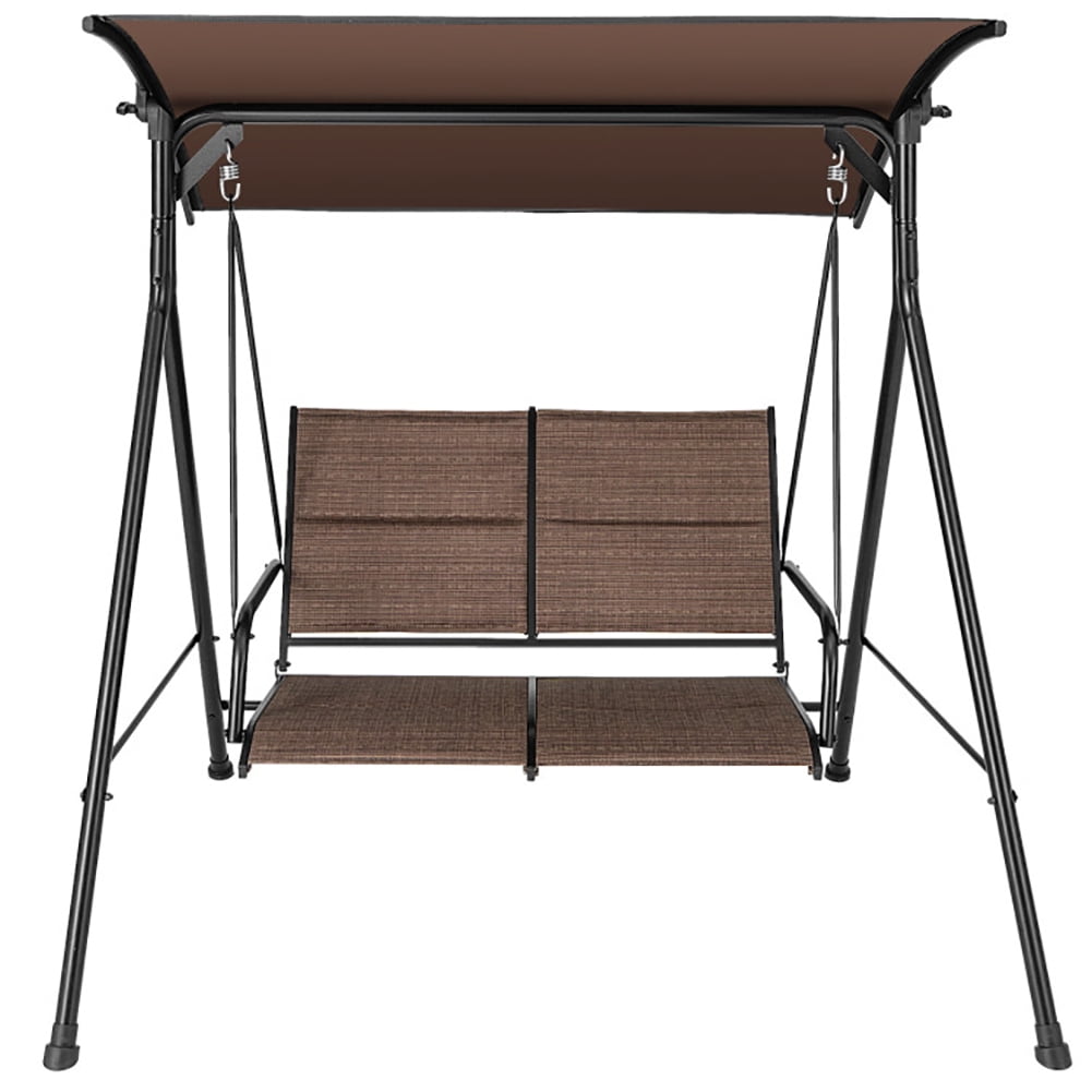 Aimee Lii 2 Person Porch Swing with Adjustable Canopy and Padded Seat, Outdoor Swing for Adults, Brown