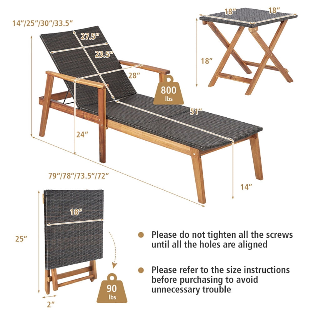 Aimee Lii 2 Pieces Patio Chaise Lounge and Table Set with 4-Level Adjustable Backrest, Patio Loungers