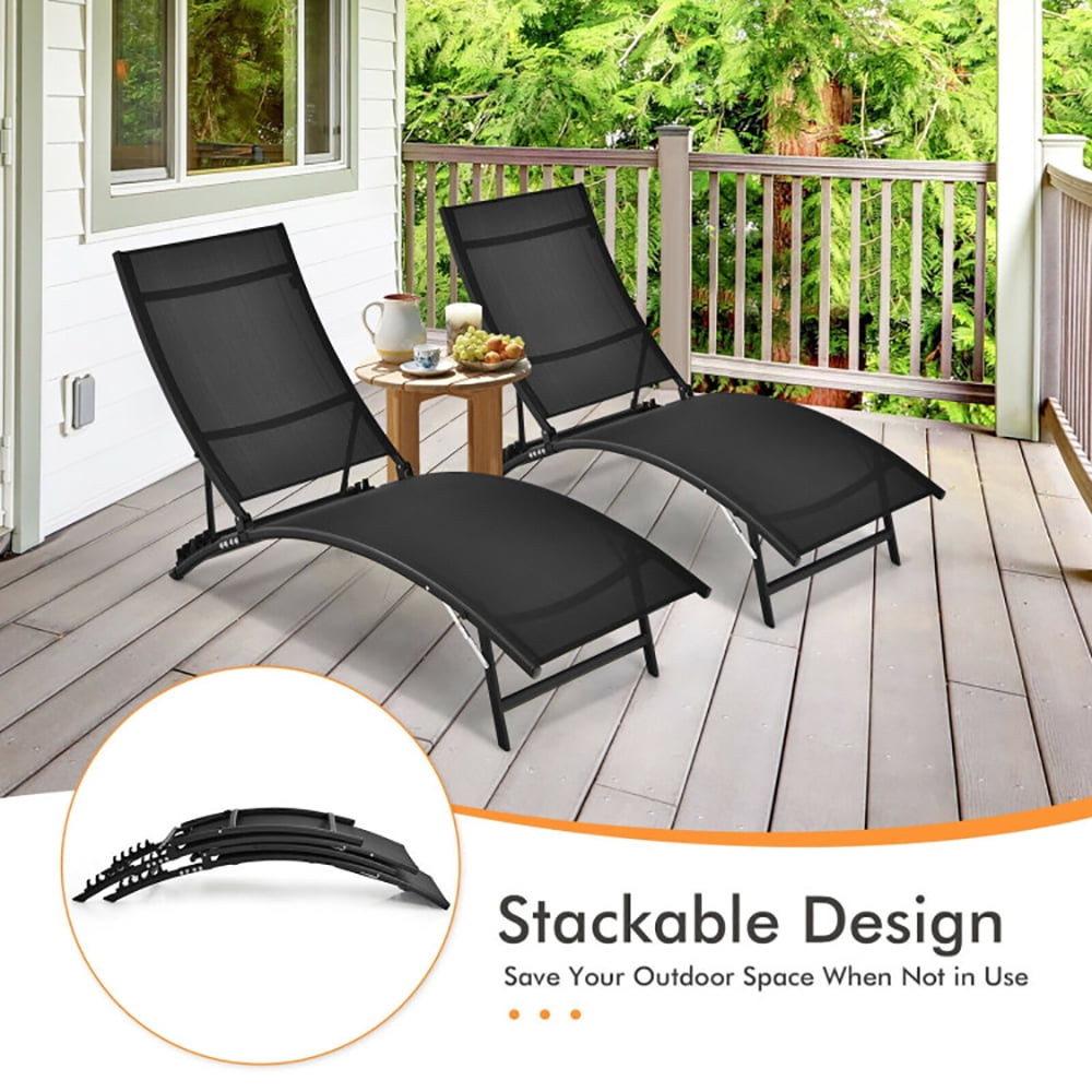 Aimee Lii 2 Pieces Patio Folding and Stackable Chaise Lounge Chair with 5-Position Adjustment, Patio Loungers, Black