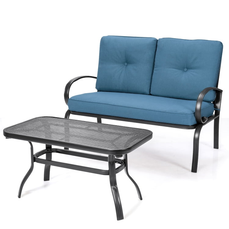 Aimee Lii 2 Pieces Patio Outdoor Cushioned Coffee Table Seat, 2 Seat Outdoor Sofa, Blue