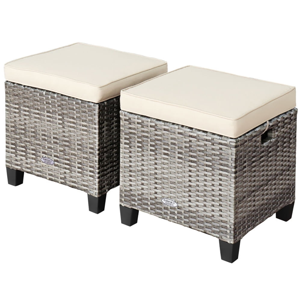 Aimee Lii 2 Pieces Patio Rattan Ottoman Seat with Removable Cushions, Outdoor Patio Furniture Set, Beige