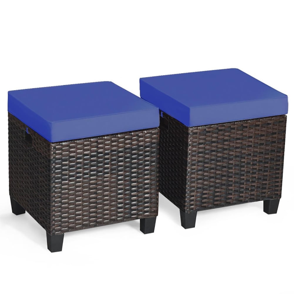 Aimee Lii 2 Pieces Patio Rattan Ottoman Set with Removable Cushions, Outdoor Patio Furniture Set, Navy