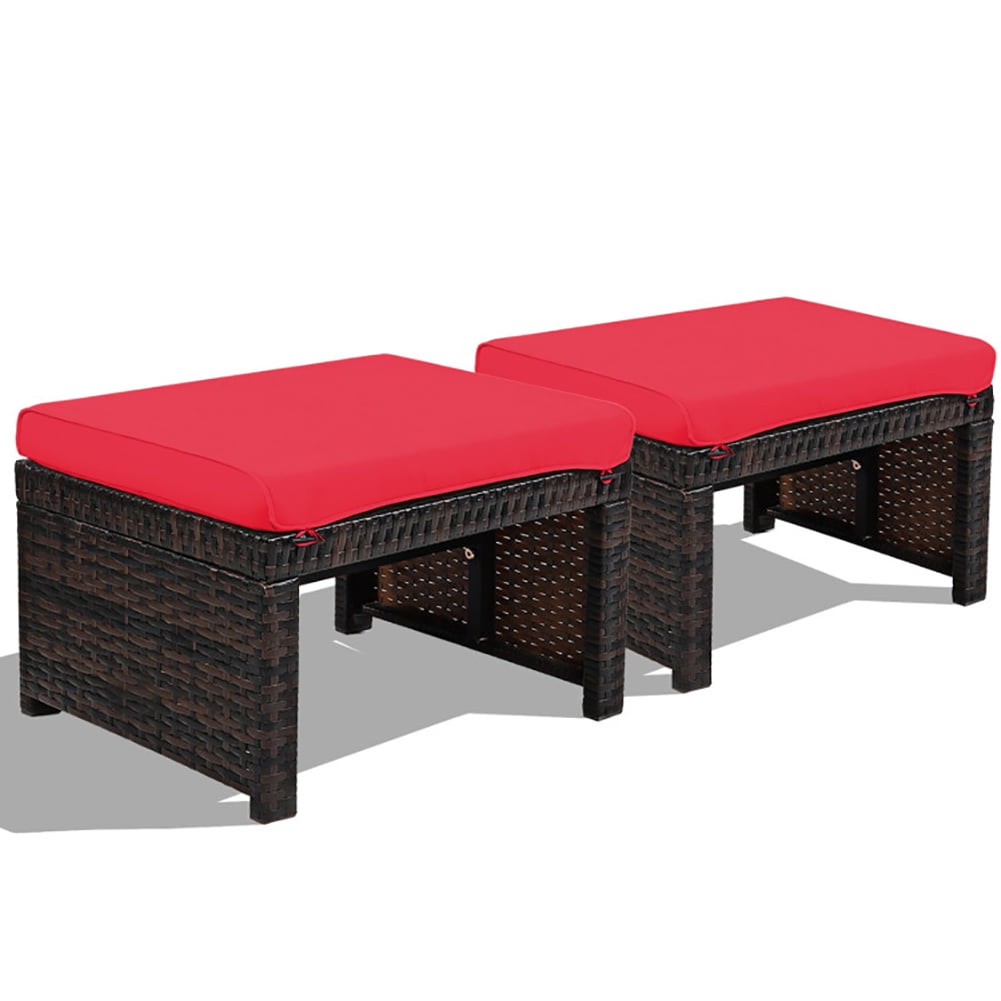 Aimee Lii 2 Pieces Patio Rattan Ottomans with Soft Cushion for Patio and Garden, Outdoor Patio Furniture Set, Red