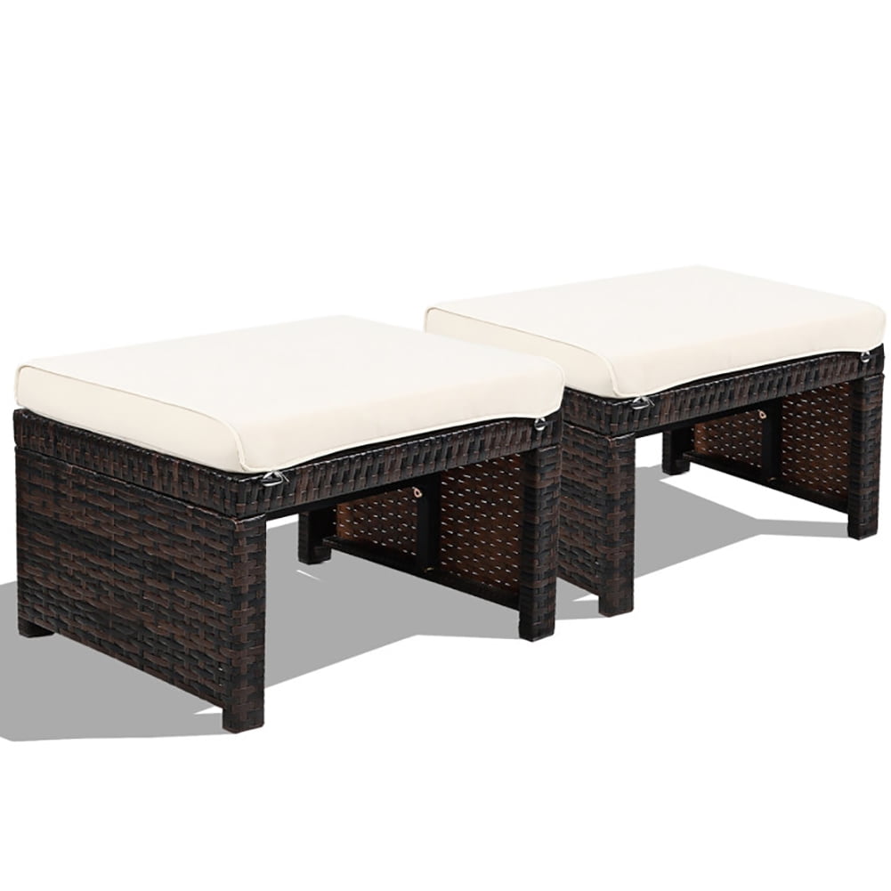 Aimee Lii 2 Pieces Patio Rattan Ottomans with Soft Cushion for Patio and Garden, Outdoor Patio Furniture Set, White