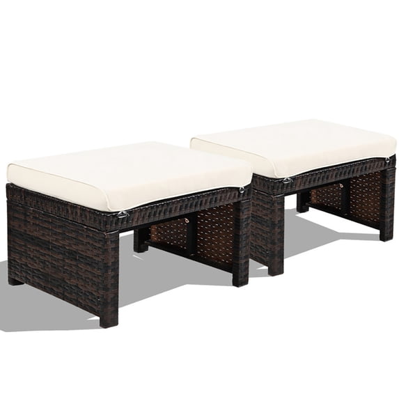 Aimee Lii 2 Pieces Patio Rattan Ottomans with Soft Cushion for Patio and Garden, Outdoor Patio Furniture Set, White